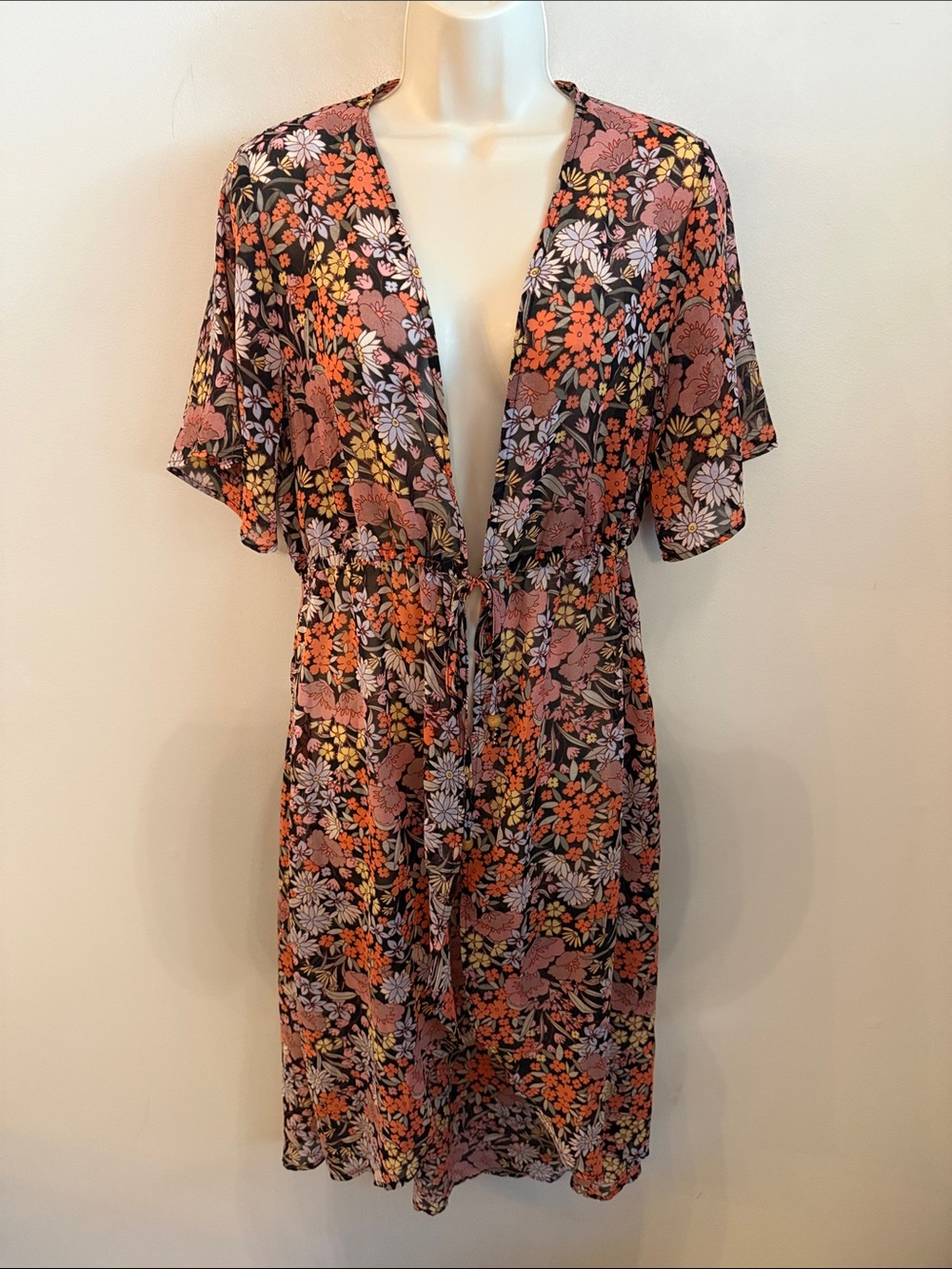 Floral Tie-Front Kimono Robe in Multi-Color size large